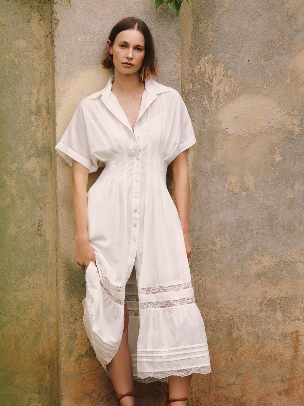 Tobie Cotton Shirtdress with Lace Trim Paneling by Exquise, White, XXSP, NWT